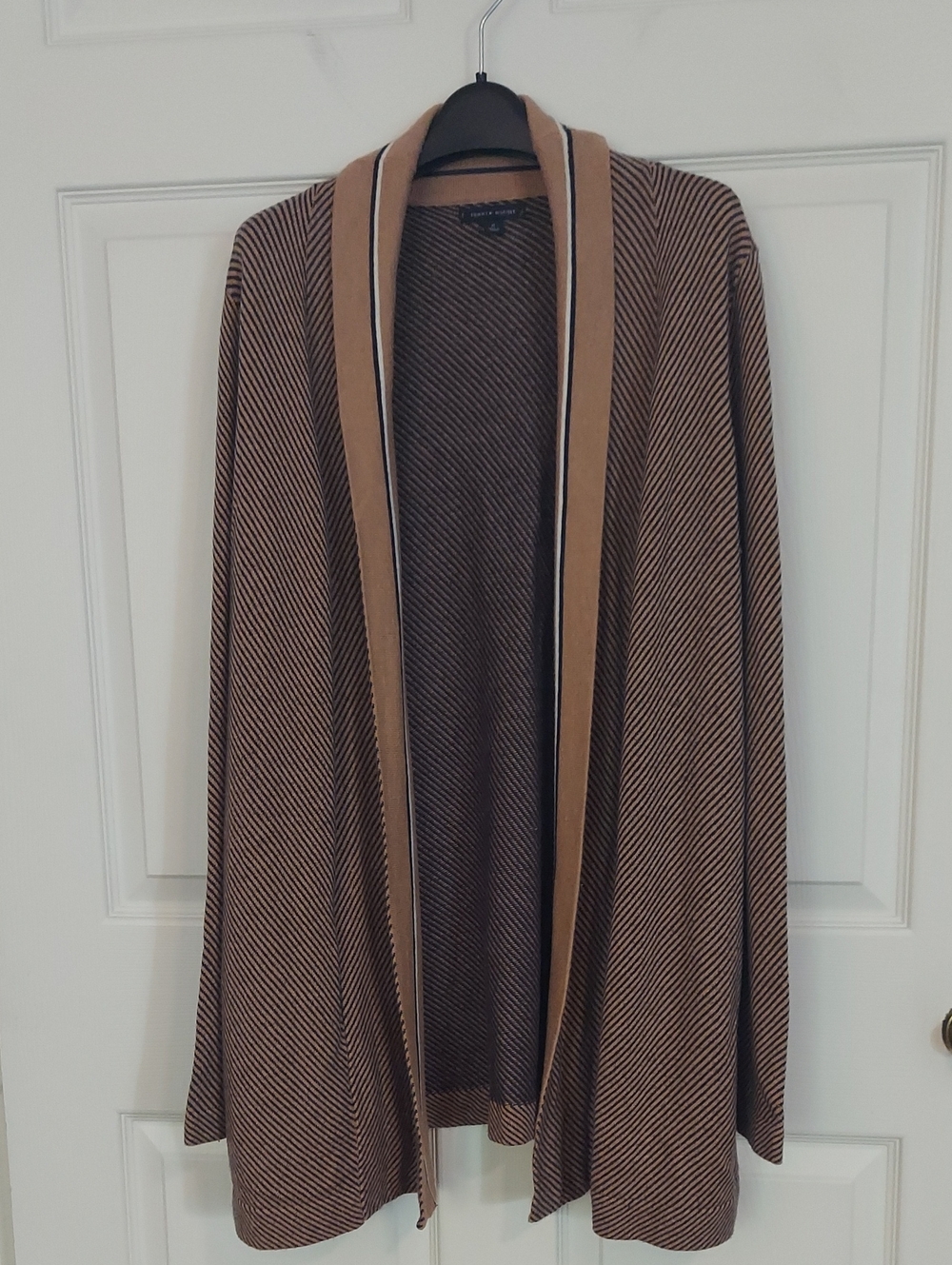 Tommy Hilfiger Long Open Front Cardigan Medium Camel Navy Stripe